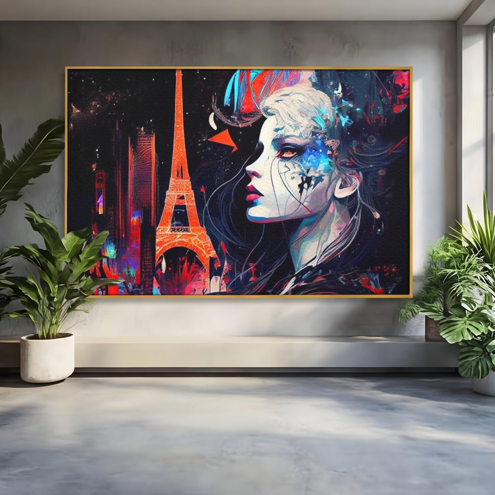 Tablou canvas cu tablou canvas cu femeie si turnul eiffel, in rama de aluminiu auriu